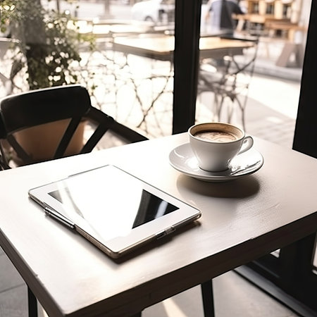 Coffee cup and tablet on the table in coffee shop, stock photoの素材
