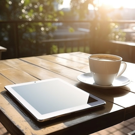 Coffee cup and tablet on wooden table in coffee shop, stock photoの素材