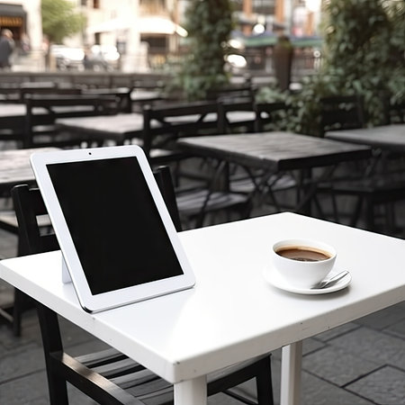 Tablet pc with blank screen and cup of coffee on table in cafeの素材