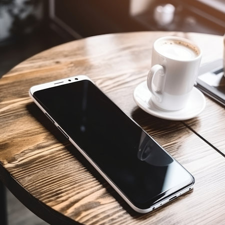 Smartphone with blank screen and coffee cup on wooden table in cafeの素材