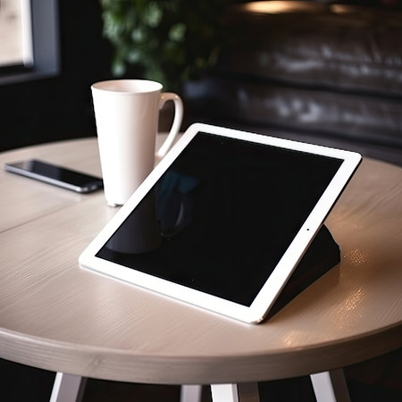 Tablet computer and coffee cup on a table in a cafe.の素材