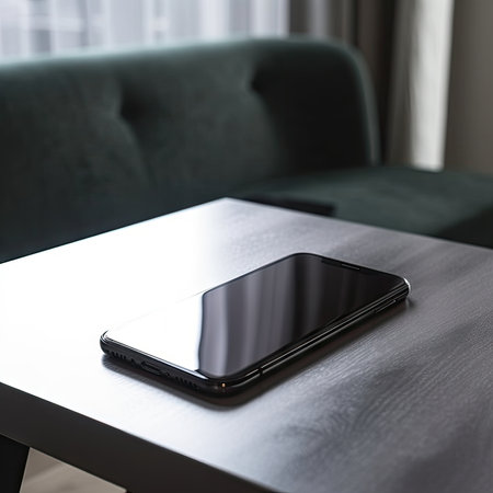 Modern black smartphone on a wooden table in a cafe. Close-up.の素材