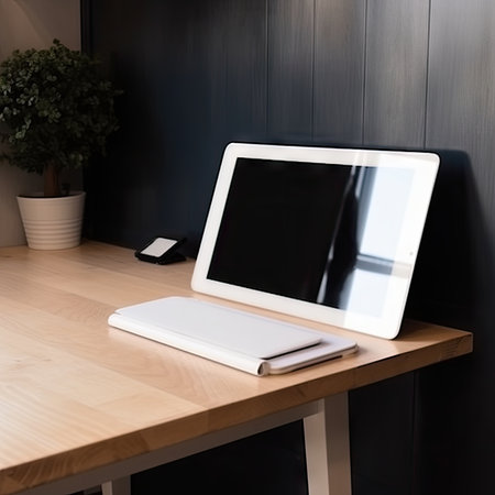 Laptop with blank screen on wooden table in office. Mockupの素材