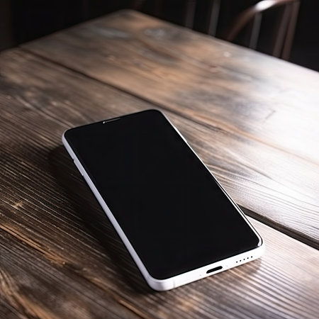 Smartphone with blank screen on wooden table. Mockup for designの素材