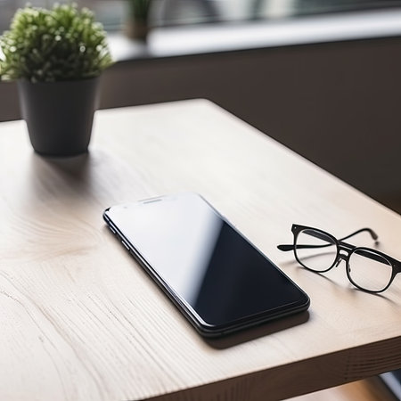 Smartphone with black screen and glasses on wooden table in office.の素材