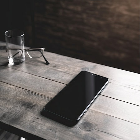 Smartphone on a wooden table with glasses and a glass of waterの素材