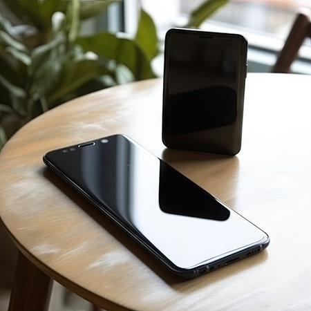 Two black smartphones on a wooden table in a cafe, close-upの素材