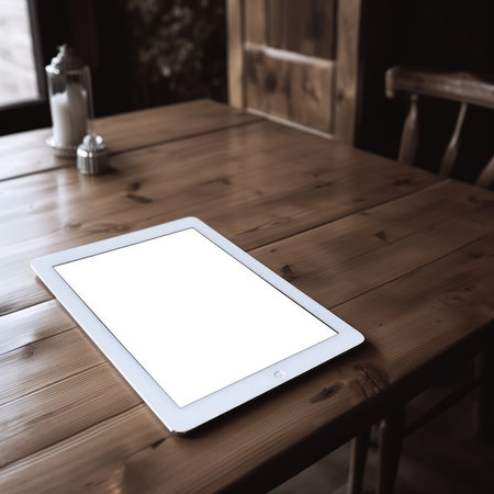 Tablet with blank screen on wooden table in cafe, stock photoの素材