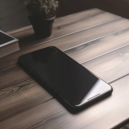 Smartphone with blank screen on wooden table. Mockup for designの素材