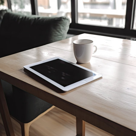 Tablet and coffee cup on wooden table in coffee shop, stock photoの素材