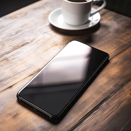 Smartphone with blank screen and cup of coffee on a wooden tableの素材