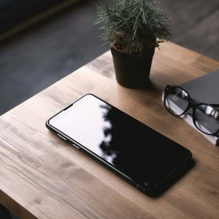 Smartphone with blank screen and glasses on wooden table in office.の素材