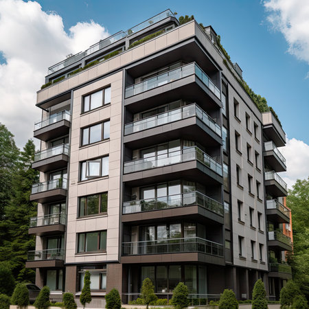 Modern apartment buildings on a sunny day with a blue sky. Facade of a modern apartment buildingの素材