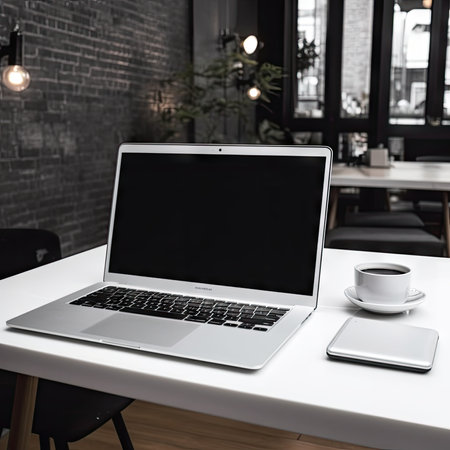 Laptop with blank screen and coffee cup on table in modern officeの素材