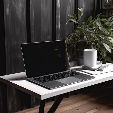 Laptop with blank screen on table in office. Workplace conceptの素材