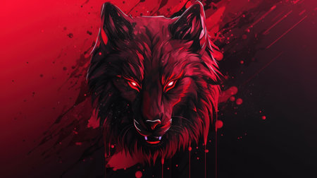 Vector illustration of a wolf head in red and black paint splashesの素材