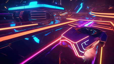3D rendering of a car with neon lights in the night cityの素材