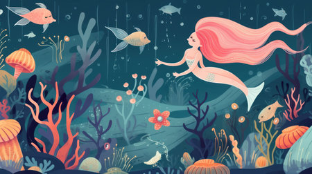 Beautiful mermaid in the sea. Underwater background. Vector illustrationの素材