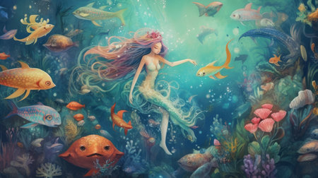 Underwater world with mermaid and fishes. 3d illustration.の素材
