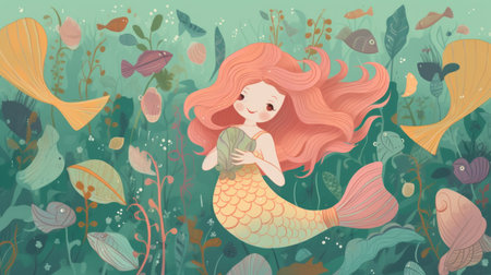 Cute cartoon mermaid in the meadow. Vector illustration.の素材