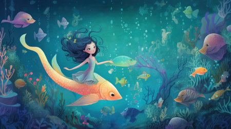 Underwater scene with mermaid and fishes. Cartoon vector illustration.の素材
