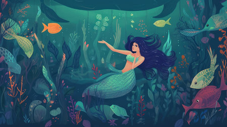 Beautiful mermaid in the sea. underwater world. Vector illustration.の素材