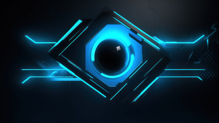 3d rendering of abstract geometric shape in dark space with neon lightsの素材