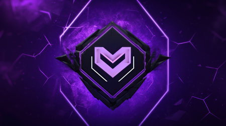 Digital illustration of letter M in hexagonal shape against purple glowing backgroundの素材