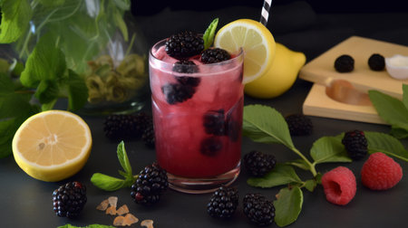 Summer drink with blackberries, lemon and mint on a black backgroundの素材