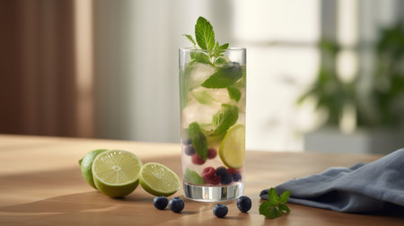 Mojito cocktail with blueberry, lime and mint on wooden tableの素材