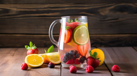 Fruit and berry lemonade in a glass on a wooden backgroundの素材