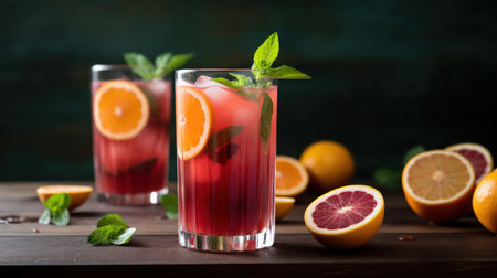 Cocktail with orange, mint and ice on a wooden backgroundの素材