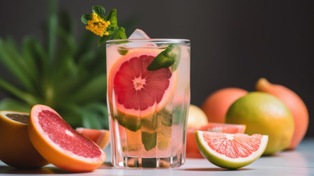 Grapefruit and lemonade in a glass on a gray backgroundの素材