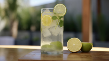 Glass of lemonade with lime and mint on wooden table in cafeの素材