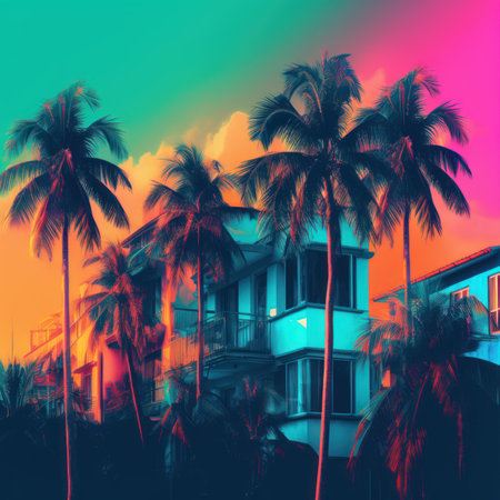 Tropical palm trees at sunset. Retro style toned pictureの素材