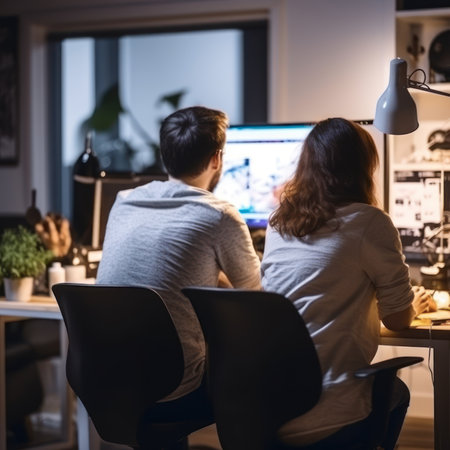 Rear view of young man and woman sitting in front of computer monitor and looking at each otherの素材
