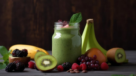 Healthy smoothie with banana, kiwi, blackberry and raspberry on wooden background.の素材