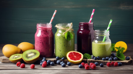 Healthy smoothie with blueberries, kiwi, grapefruit and orange in glass jars on wooden table.の素材