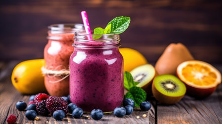 Healthy smoothie with berries and fruits on a wooden background.の素材