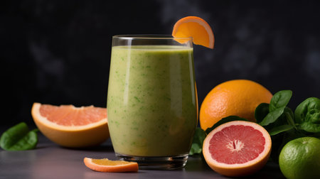 Fresh green smoothie with lime, grapefruit and spinach on a dark backgroundの素材