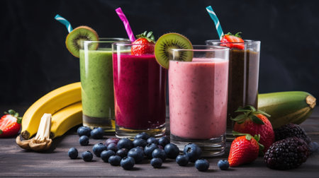 Smoothies with strawberry, blueberry, kiwi and bananaの素材