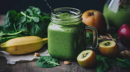 Healthy green smoothie with spinach, apple, kiwi and bananaの素材