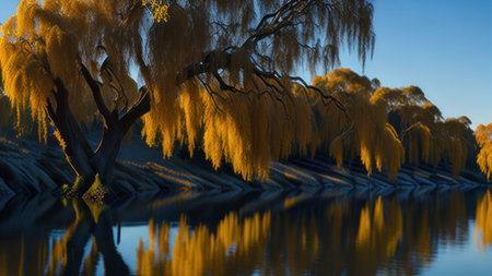 Willow trees reflected in the lake. 3D rendering. Computer digital drawing.の素材