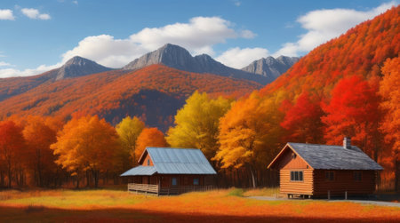 Autumn landscape with wooden houses and mountain peaks in the background.の素材