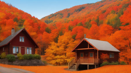 Autumn landscape with colorful forest and wooden house in the mountains.の素材