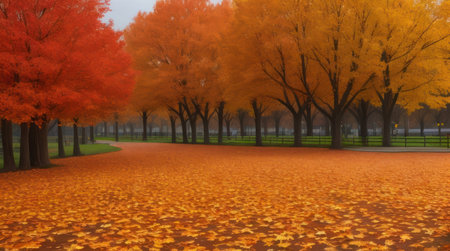 Autumn landscape with trees and fallen leaves in the park, 3d renderの素材