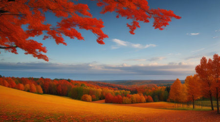 Autumn landscape with colorful forest and blue sky. Panoramic viewの素材