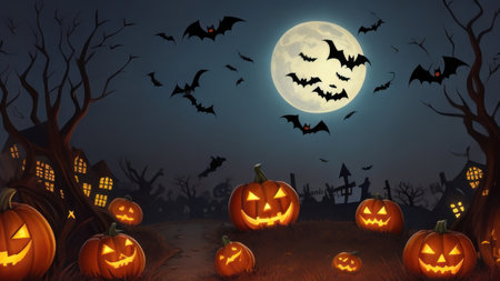 Halloween background with pumpkins and bats - illustration for children.の素材