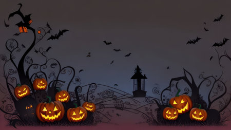 Halloween background with pumpkins, bats and cemetery. Vector illustration.の素材