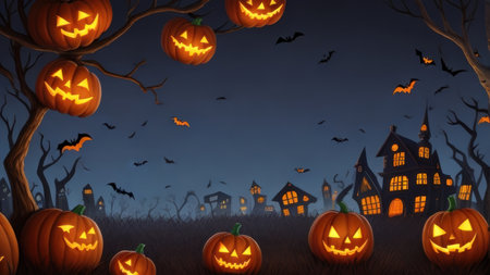 Halloween background with pumpkins and haunted house. Vector illustration.の素材